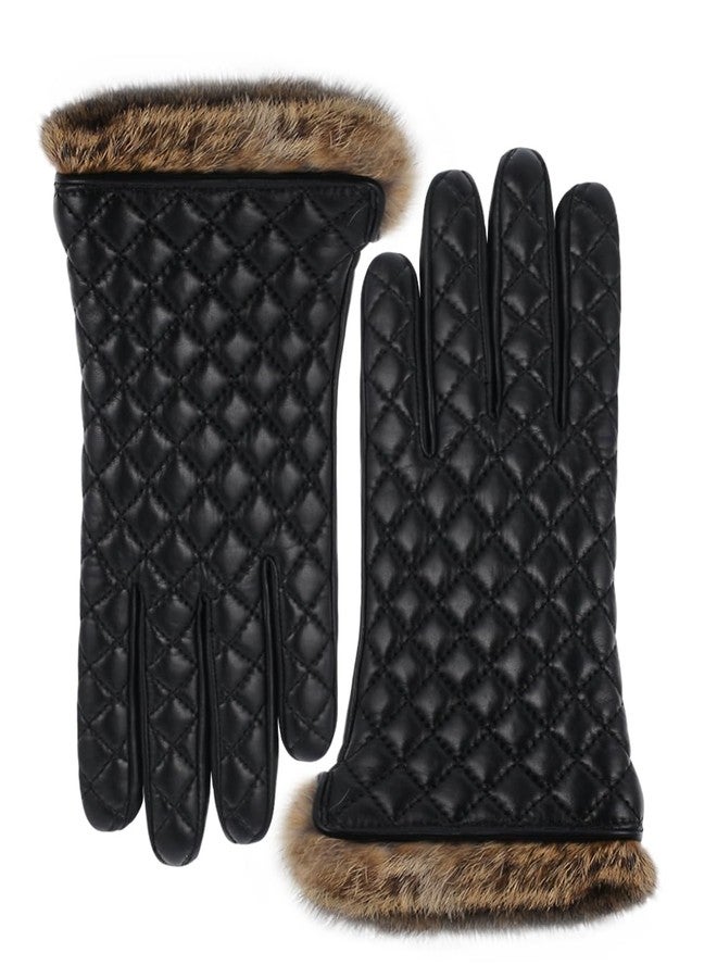 VIKIDEER Winter Warm Cashmere Lining Rabbit Fur Cuffs Leather Gloves for Women Touchscreen Black Large - Image 1